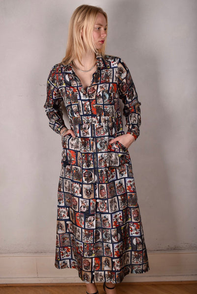 Maxhabo. Long shirt-dress in 100% habotai silk. Print "Susminor" by artist Suse Hartung